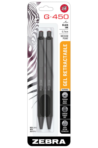 Zebra Pen, STEEL G-450 Retractable Gel Pens, Black Ink, 0.7mm Medium Point, Rapid Dry Ink – No Smears or Smudges, Weighted Brass Barrel, Refillable, 2-Pack, (49512)