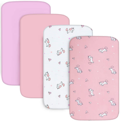 Bassinet Fitted Sheet(33" x 20"), Bassinet Sheets 4 Pack, Compatible with Most Bedside Sleeper Bassinet, Bassinet Sheets with Ultra Soft Microfiber Surface, Pink Print