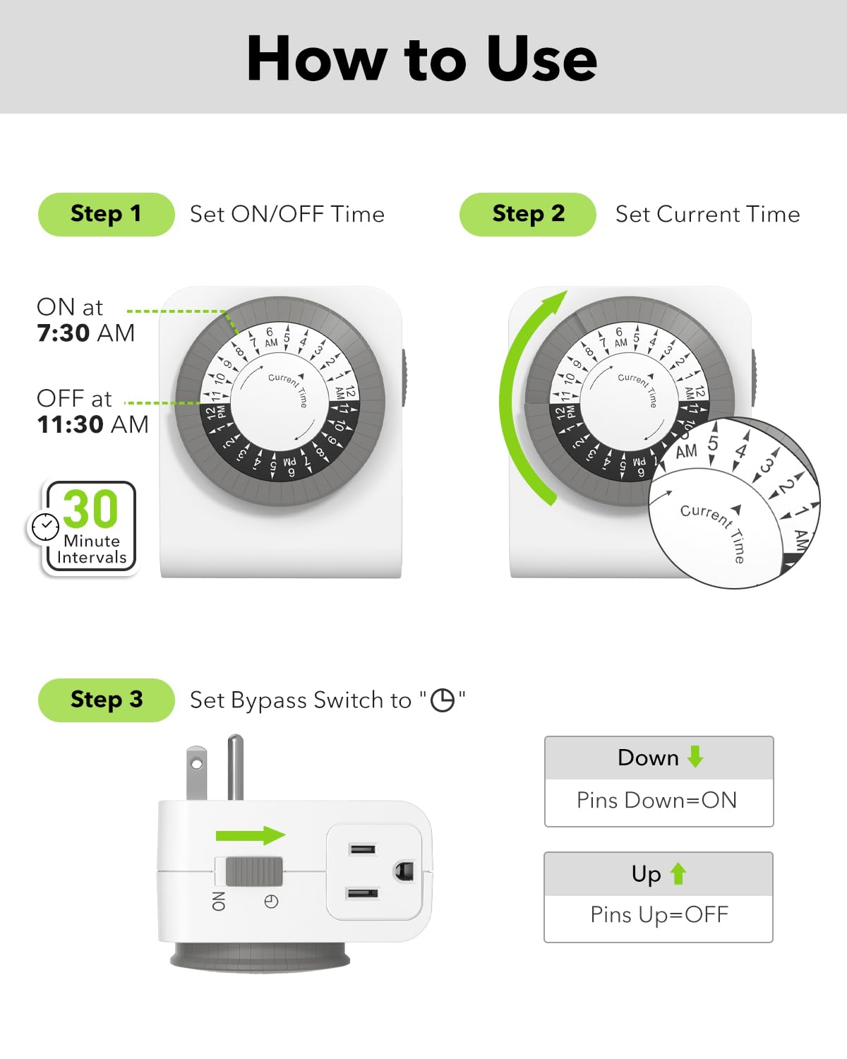 BN-LINK Indoor Dual Outlet Timers, Heavy-Duty Mechanical, 24-Hour, 3-Prong Design with 30-Minute Intervals for Lamps, Indoor Lighting, and Christmas Lights, White, 15A, 1875W, 2 Pack