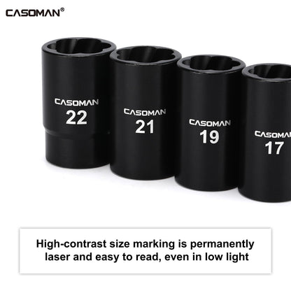 CASOMAN 5 Pieces 1/2" Dr. Twist Socket Set, Lug Nut Remover Tool, Metric Bolt and Lug Nut Extractor Socket Tools