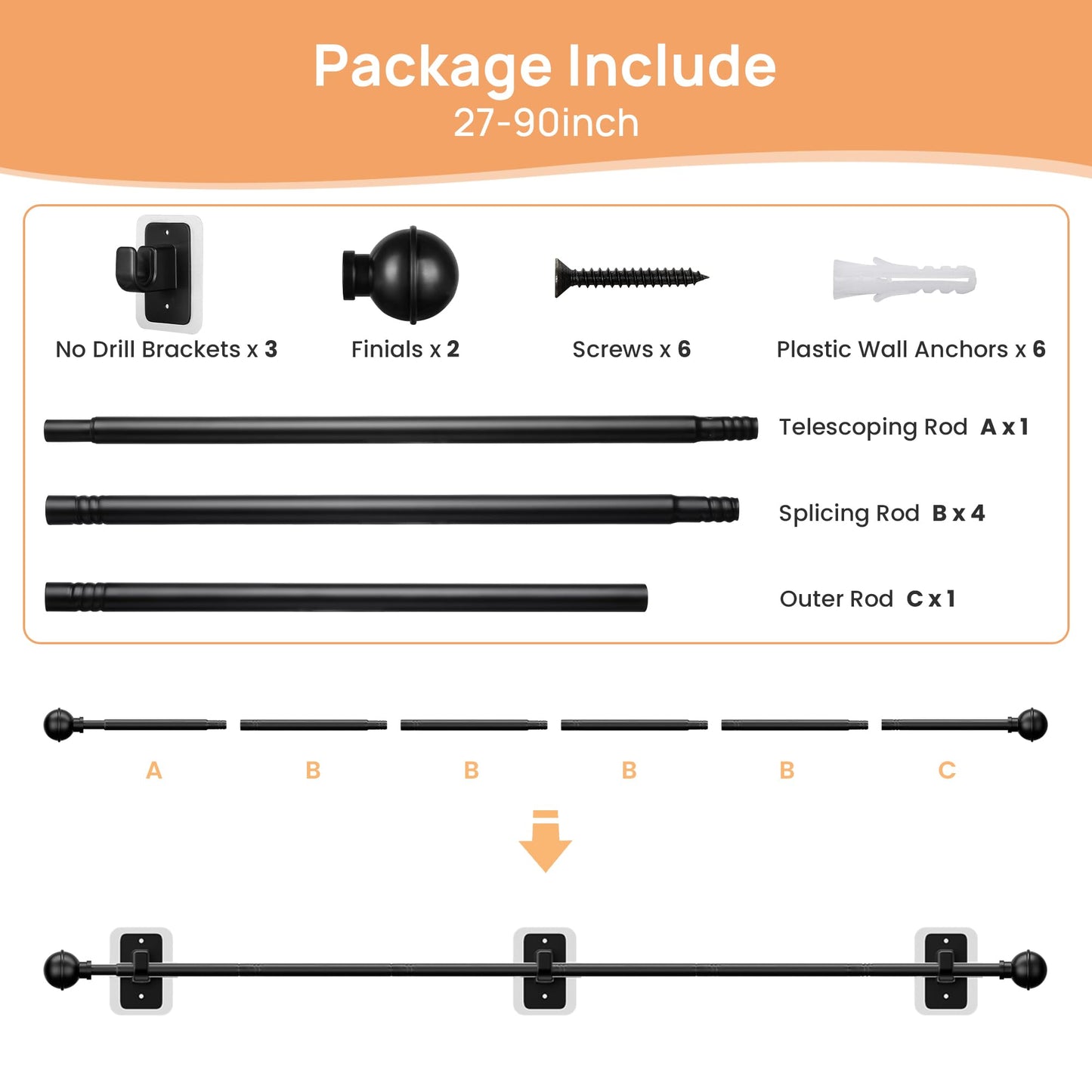 upsimples No Drill Curtain Rods for Window 48 to 84 Inches, 5/8 Inch Diameter Renter Friendly Drapery Rod with Adhesive Brackets without Drilling, Adjustable from 27 to 90 Inches, Black