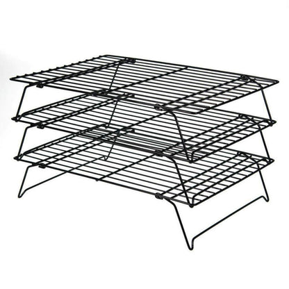 PowerKing 3 Tier Cooling Rack, Foldable Non-Stick Stainless Steel Wire Cake Rack for Pies, Cookies, Pastries, Home Baking, Birthday Party, Wedding Party 15.7'' x 10'' (Black 3 Tier)