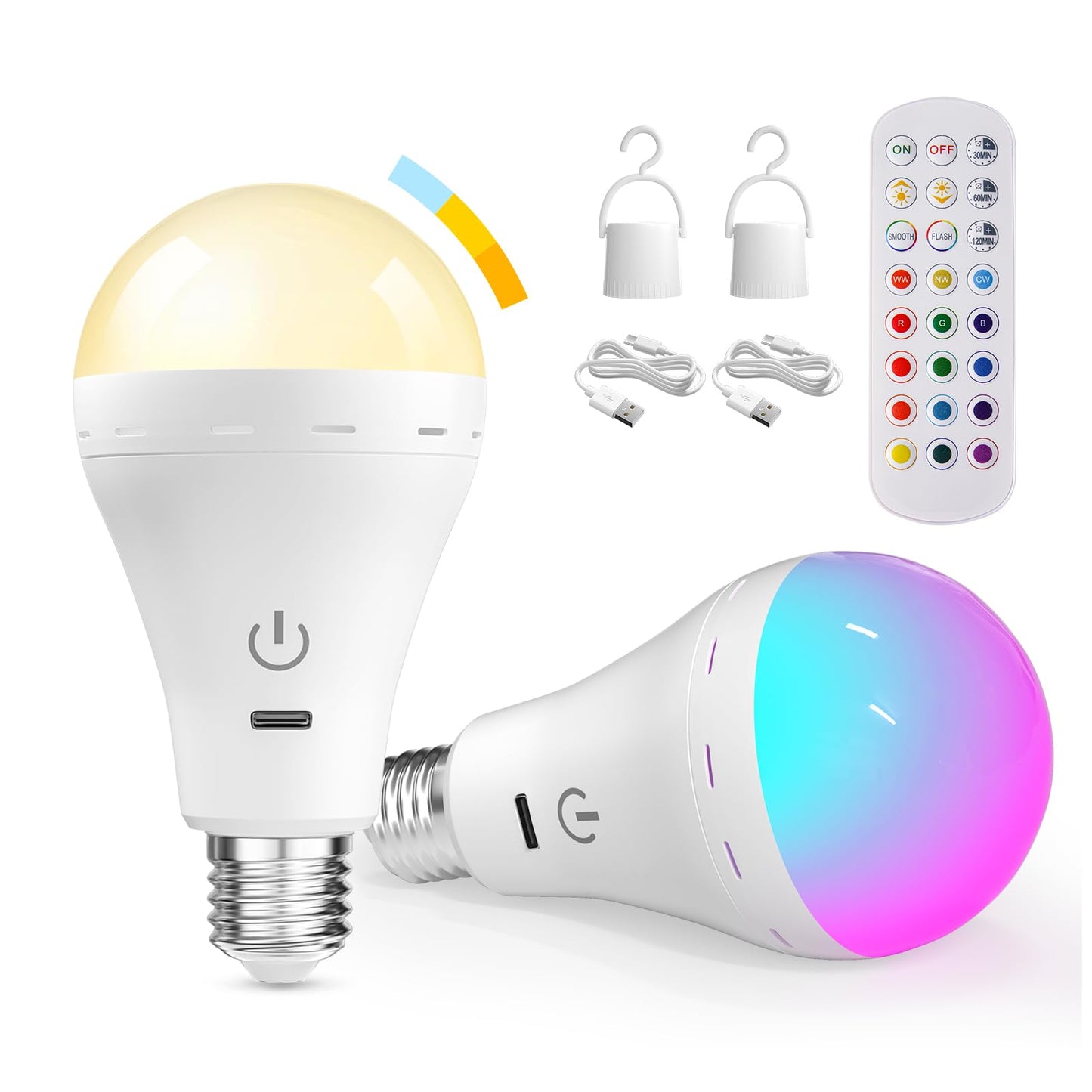 BrightArk E26 Rechargeable Led Light Bulbs with Remote, 15 Colors Dimmable E26 Battery Operated Light Bulb with Timer, Emergency Rechargeable Light Bulbs, Up to 35 Hours, 2 Packs