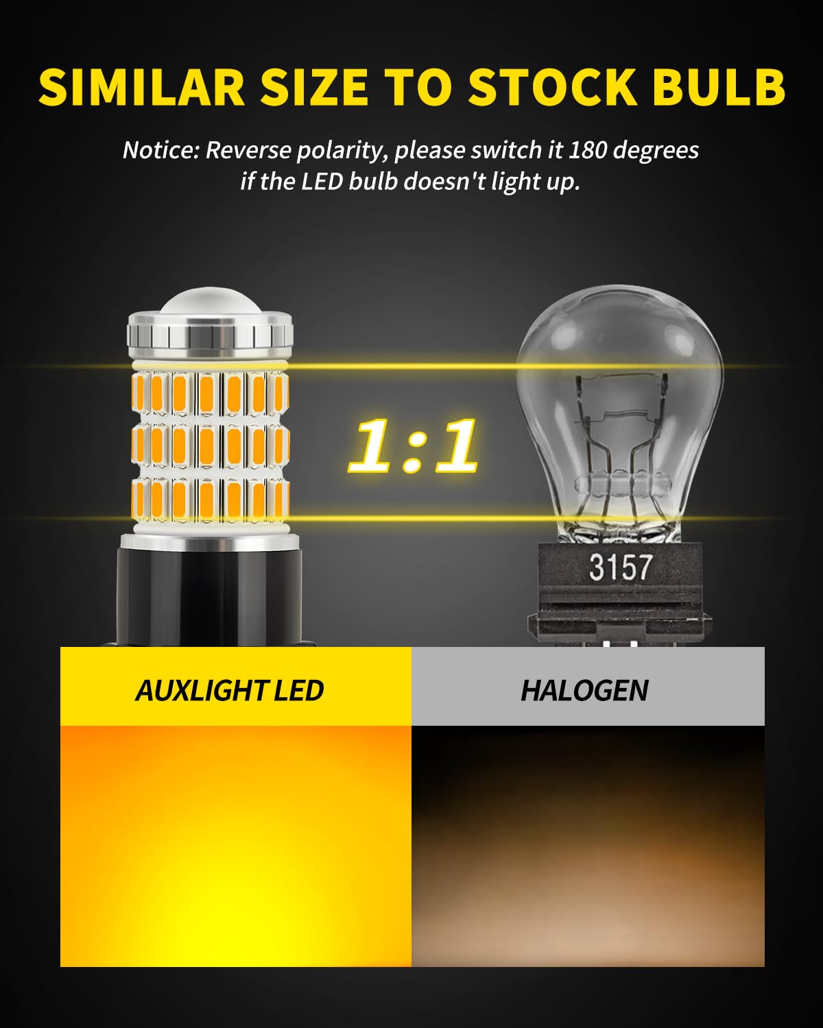 AUXLIGHT 3157 3156 4157 3057 3357 LED Bulbs, Ultra Bright 60-SMD LED Replacement for Turn Signal Blinker Lights, Brake/Tail Lights, Parking/Running Lights, Amber Yellow (Pack of 2)