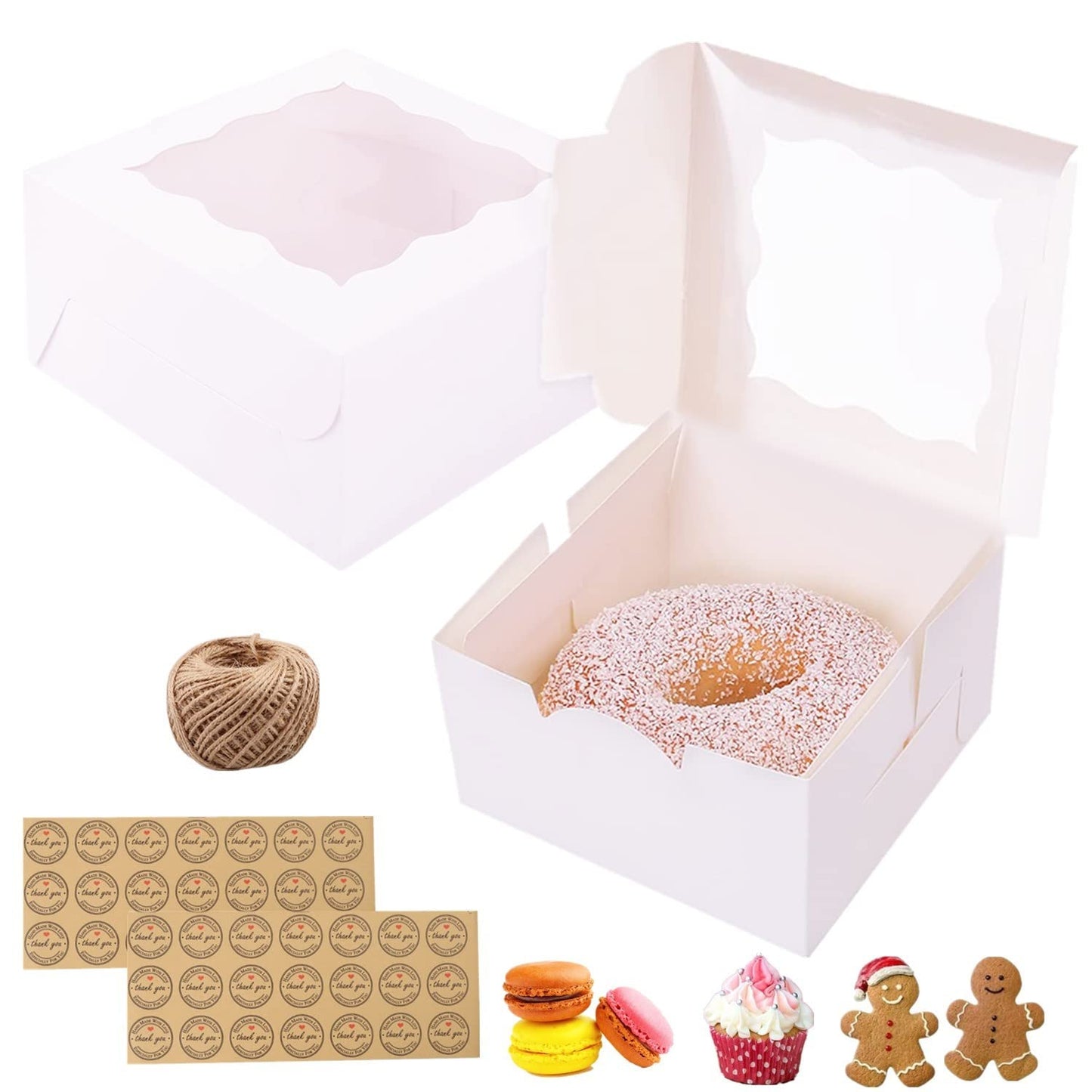 GUIFIER 30 Pieces 6 inch Bakery Box with Window, Small Cake Boxes, Cookie Boxes 6x6x3 in, Single Pastry Box, Paper Treat Brownie Boxes Gift Boxes for Cakes, Cookies, Cupcakes, Pies, Donuts (White)