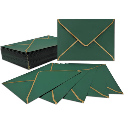 WEZCHUGHAOL 50 Pcs Invitation Envelopes, V-Flap Envelopes Mailing Card Envelopes, Quick Seal Envelopes with Gold Border for Birthday, Weddings, Graduations, Greeting Cards (Green, 5 x 7 inch)