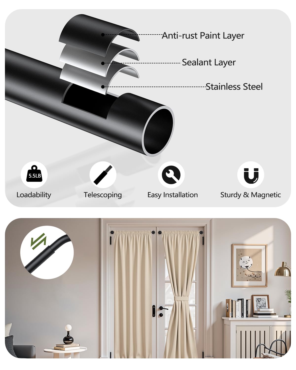 Rodzwin 1 Pack Magnetic Curtain Rod for Metal Door, 16 to 30 Inch Curtain Rods 3/8 Inch Diameter Adjustable Magnetic Curtain Pole Magnet Rods for French Doors Window Metal Doors Cafe(Black, 1Pack)