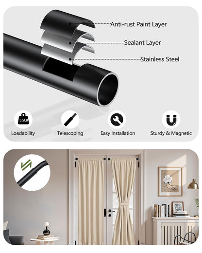 Rodzwin 1 Pack Magnetic Curtain Rod for Metal Door, 16 to 30 Inch Curtain Rods 3/8 Inch Diameter Adjustable Magnetic Curtain Pole Magnet Rods for French Doors Window Metal Doors Cafe(Black, 1Pack)