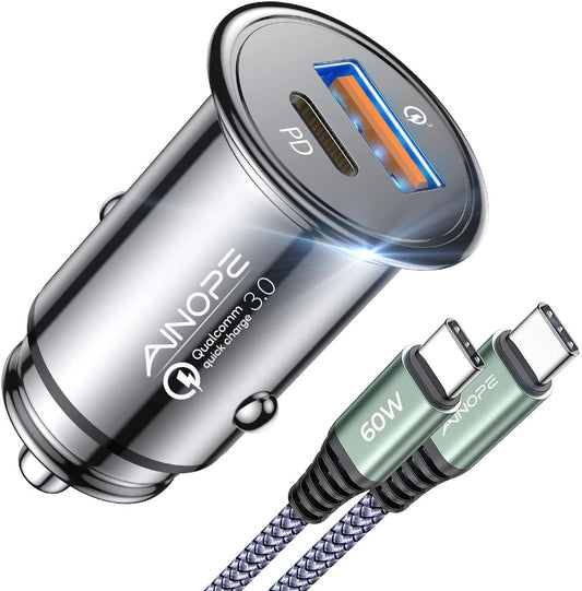 AINOPE 67.5W Mini Car Charger USB C Fast Car Charger (with 60W USB C Cable) for iPhone 17 Car Charger, All Metal Cigarette Lighter Adapter, Car Accessories Adapter for iPhone 17 16 Samsung Android