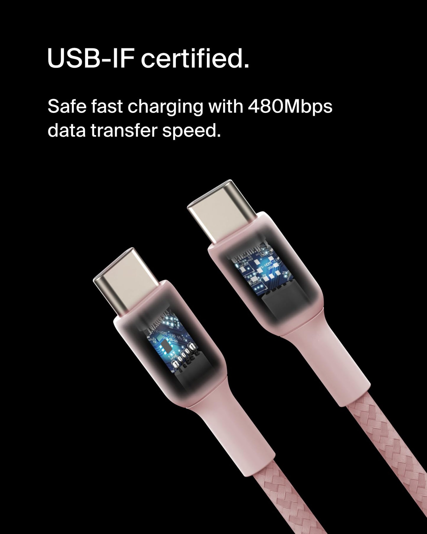 Belkin BoostCharge 2M/6.6ft Braided USB-C to USB-C Cable - Pink, Fast Charging & Data Transfer for iPhone 16 Series, Galaxy S24, S23, Pixel 8, 7, iPad Pro & More