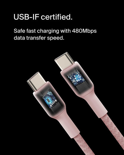 Belkin BoostCharge 2M/6.6ft Braided USB-C to USB-C Cable - Pink, Fast Charging & Data Transfer for iPhone 16 Series, Galaxy S24, S23, Pixel 8, 7, iPad Pro & More
