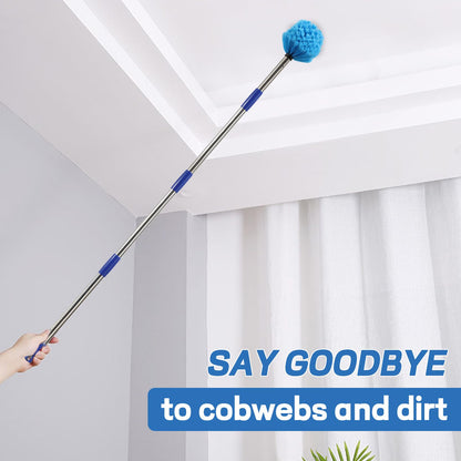 CALCHELE 10FT Spider Web Brush with Pole, Stainless Steel Pole Ceiling Fan Duster for Outdoor Indoor Cleaning
