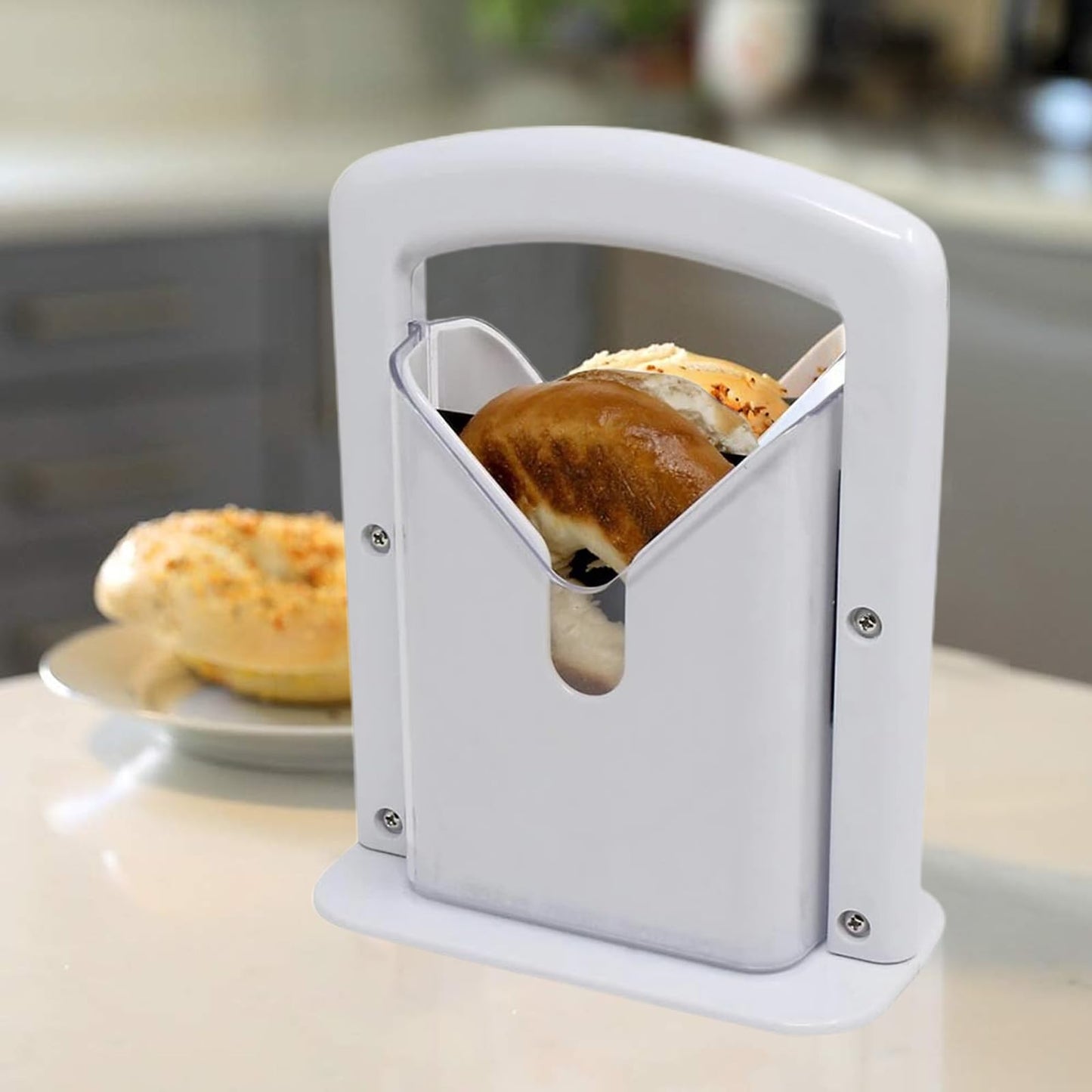Bagel Slicer, Perfect for Bagels, Safe Grip, Safety Shield, Bagel Cutter Stainless Steel, Universal Slicer (White)