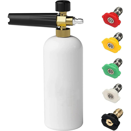 CGACOL Car Foam Cannon Pressure Washer Jet Wash Snow Foam Lance with 5 Pressure Washer Nozzle Tips Quick Release Adjustable Nozzle 1/4 Inch Car Foam Blaster for Pressure Washer 1 Liter