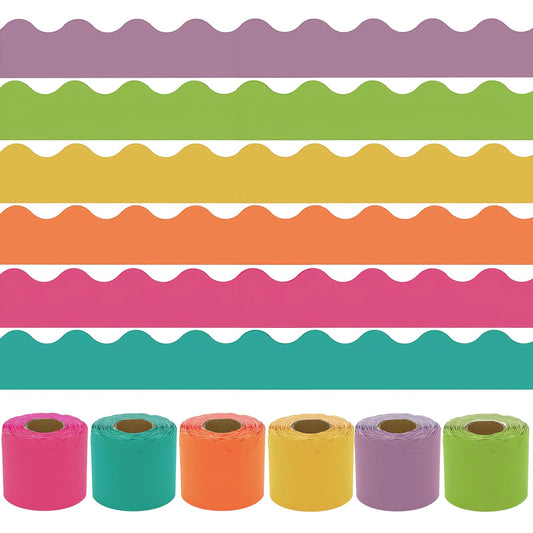 Wonninek Bulletin Board Borders 6 Rolls 196.8 Feet Colorful Classroom Board Border Trim with 200pcs Glue Point Dots, Removable & Waterproof Poster Border Paper, School Chalkboard Whiteboard Decor