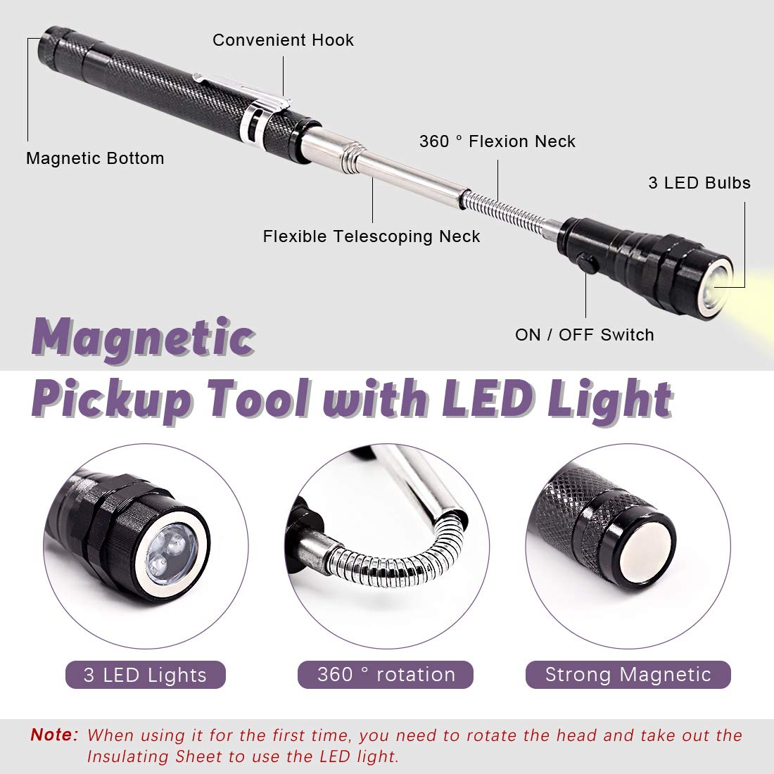 Swpeet 5Pcs Magnetic Telescoping Pick-up Tool Kit with Carry Case, 360 Swivel Adjustable Inspection Mirror, 15lb and 1lb Pick Up Rod and Telescoping Flexible LED Flashlight (Batteries Included)