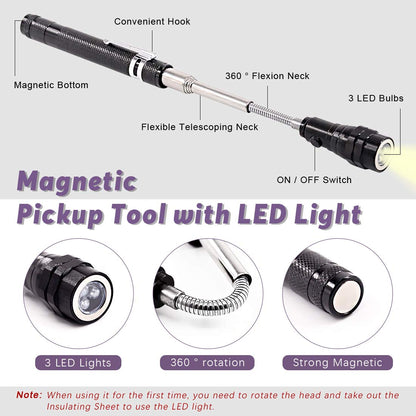 Swpeet 5Pcs Magnetic Telescoping Pick-up Tool Kit with Carry Case, 360 Swivel Adjustable Inspection Mirror, 15lb and 1lb Pick Up Rod and Telescoping Flexible LED Flashlight (Batteries Included)