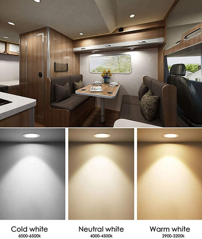 12V LED Lights for RV Camper Van Trailer - 3W Daylight 6000K 270 Lumen Low Voltage Mini Recessed Ceiling Light Dimmable, Set of 6