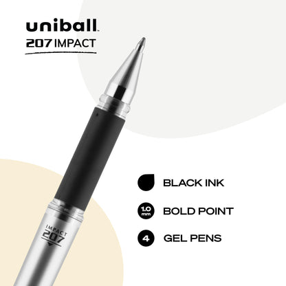 uni-ball 207 Impact Gel Pens, Bold Point (1.0mm), Black, 4 Count
