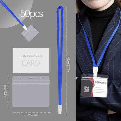 FZENeast Badge Holder with Lanyard，50 PCS Clear Waterproof Horizontal id Holder with 50 PCS Flat Neck Blue Badge Lanyards for Business Office School