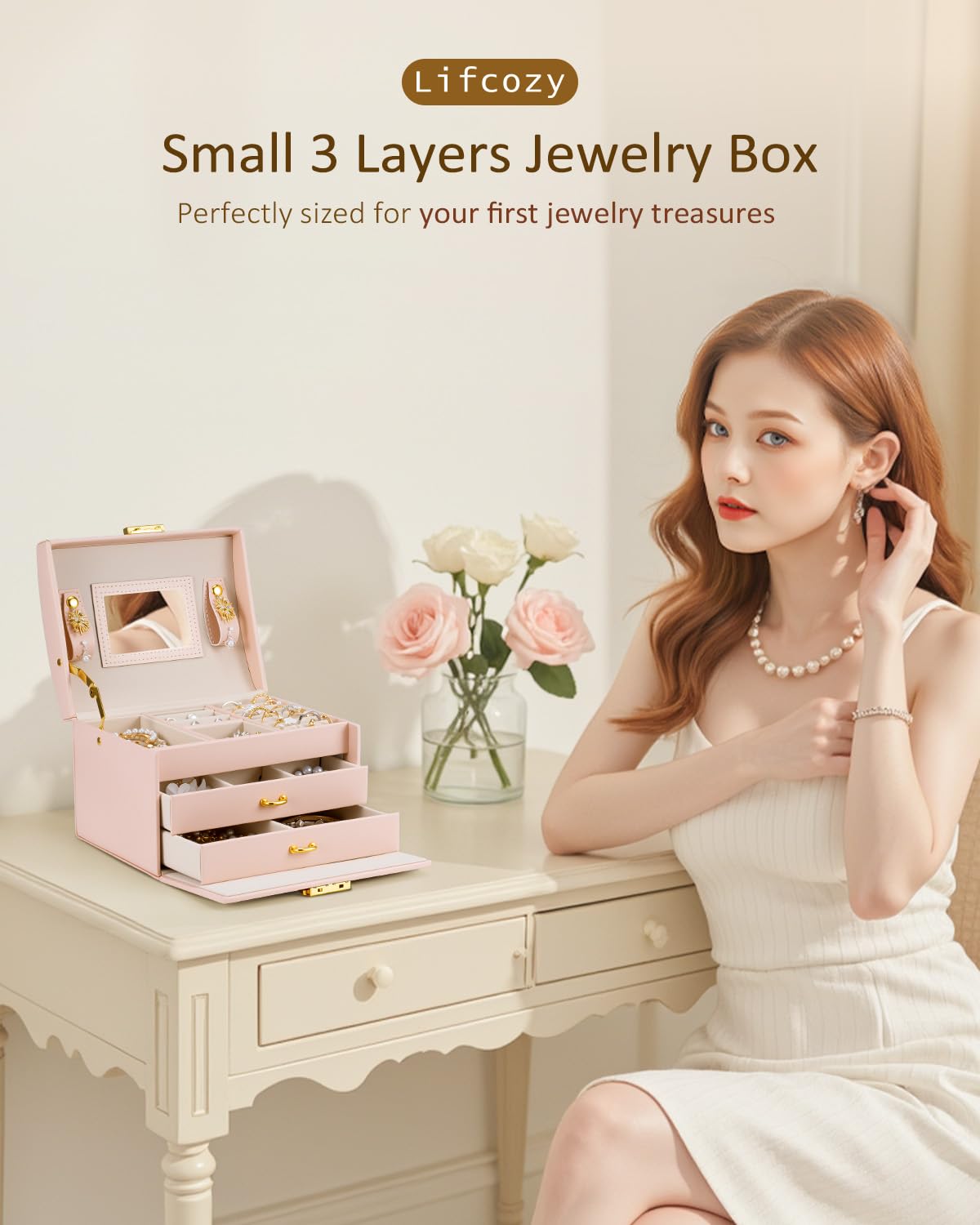 Lifcozy Jewelry Box for Girls Women, 3-Layer Jewelry Organizer with Mirror and Portable Handle, Small Jewellery Organizers for Young Women, Teenage Girl, 17.2 x 13.5 x 12.5 cm Pink