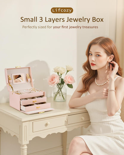 Lifcozy Jewelry Box for Girls Women, 3-Layer Jewelry Organizer with Mirror and Portable Handle, Small Jewellery Organizers for Young Women, Teenage Girl, 17.2 x 13.5 x 12.5 cm Pink