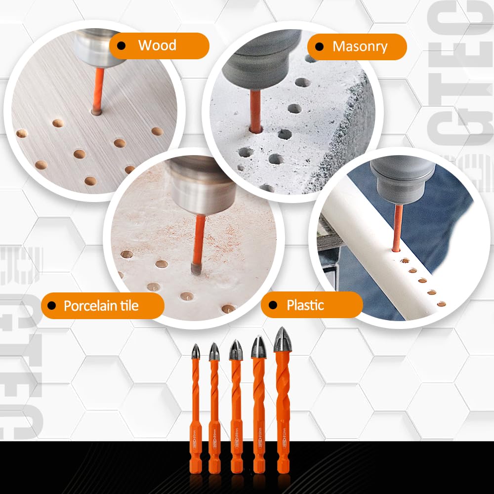 BGTEC Diamond Cemented Carbide Drill Bits Masonry Drill Bits, 5pcs Quick-fit Shank 5/6/8/10/12MM Cross Spiral Hard Alloy Drill Bit for Wood Plastic Masonry Ceramic Tile Concrete Marble