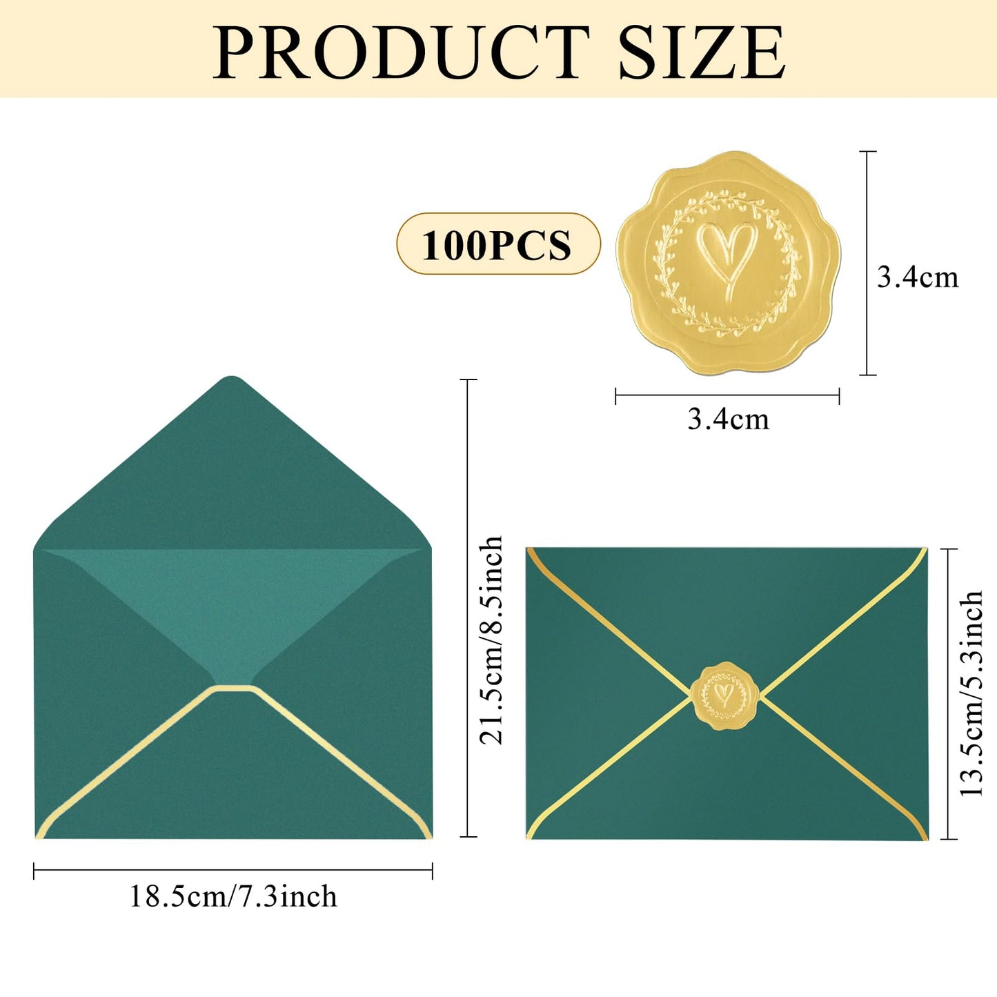 Supkiir 5x7 Envelopes for Invitations, 100 Pack V Flap Green Invitation Envelopes with Gold Border, Self Adhesive Envelope for Birthday, Weddings, Graduations, Baby Shower