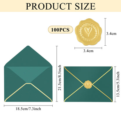 Supkiir 5x7 Envelopes for Invitations, 100 Pack V Flap Green Invitation Envelopes with Gold Border, Self Adhesive Envelope for Birthday, Weddings, Graduations, Baby Shower