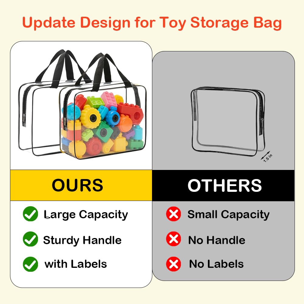 Wenscis 6 Packs Extra Large Toy Storage Bags with Zipper, Reusable Clear Plastic Toy Organizer Bag with Labels for Blocks, 11.8″×8.6″×3.9″Travel Waterproof Organizer Bags for Puzzles