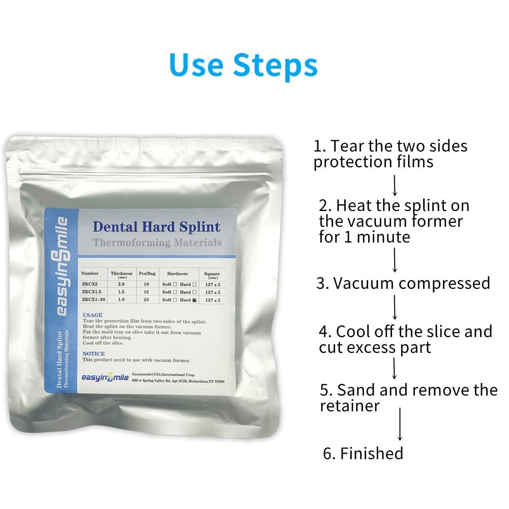 Dental Hard Splint, Thermoforming Materials for Vacuum Forming Machine 5''x 5'' (1.0MM-20PCS)