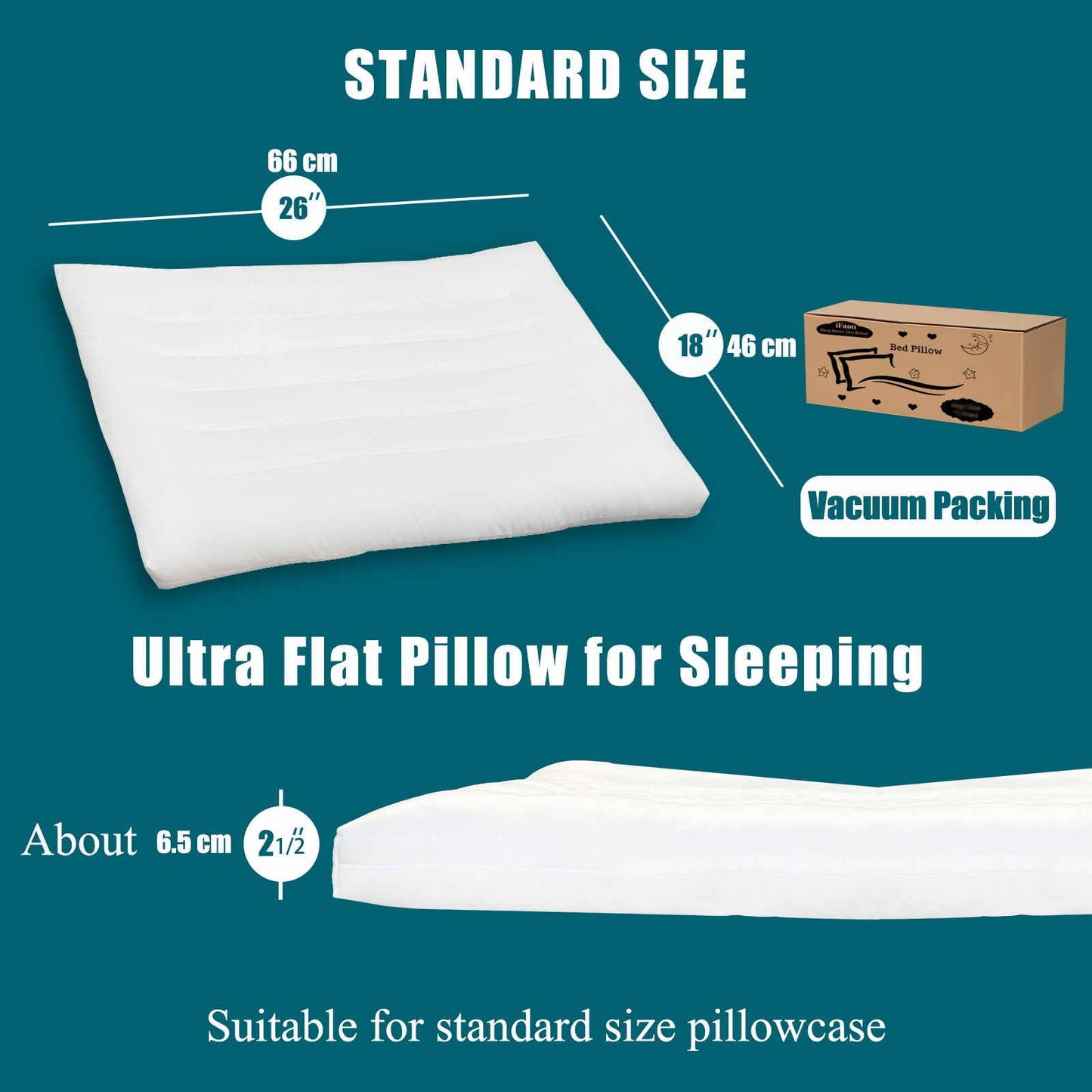 6.5cm Ultra Thin Flat Pillows for Sleeping Standard Size, 2.5 in Slim Bed Pillow for Stomach Back Sleeper, Low Profile Pillow Hypoallergenic White 46x66 cm