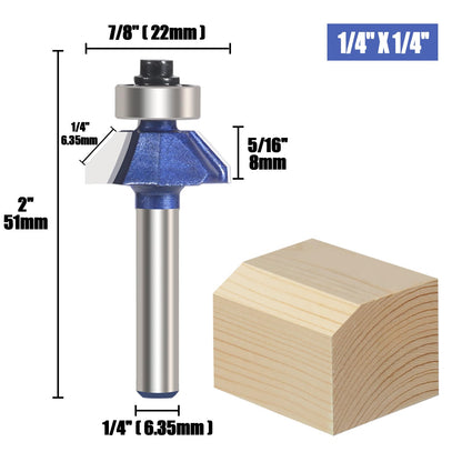 Vearter 4PCS 45 Degree Chamfer Router Bit Set, 1/4'' Shank Carbide Edge Bevel Forming Milling Cutter, DIYer Tool for Woodworking, Wood Profiling, Edging (1/2", 3/8", 5/16", 1/4" Bevel Length)