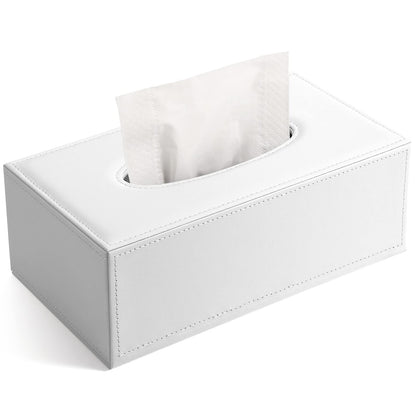 KINGFOM Rectangular PU Leather Facial Tissue Box Napkin Holder for Home Office, Car Automotive Decoration (White)