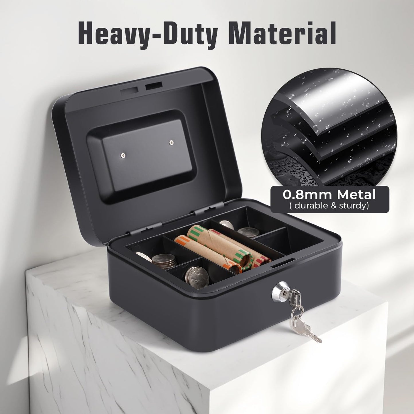Cash Box with Money Tray and Lock Small Cash Box with Key Lock Box for Money 7.87 x 6.3 x 3.54 Inches Black