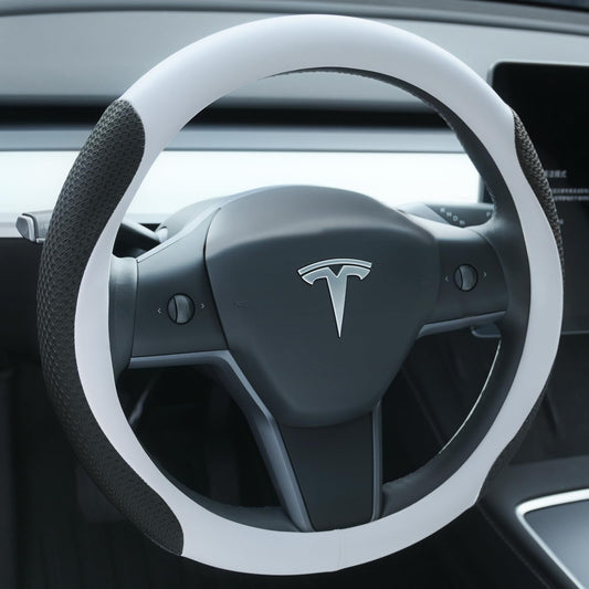 Uxcer Nappa Leather Steering Wheel Cover for Tesla Model 3/Y 2016-2025 2026 Juniper/Highland, Non-Slip Breathable Tesla Model 3/Y Steering Wheel Protector, White