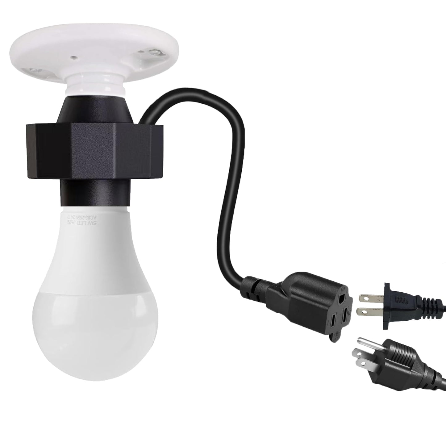 3 in 1 Outlet Light Socket Adapter,E26/E27 Bulb Socket to 3 Prong Outlet with Extension Cord, Flexible Light Socket Converter Suitable for Indoor Outdoor Porch Garage Patio CCTV Camera Use (2)