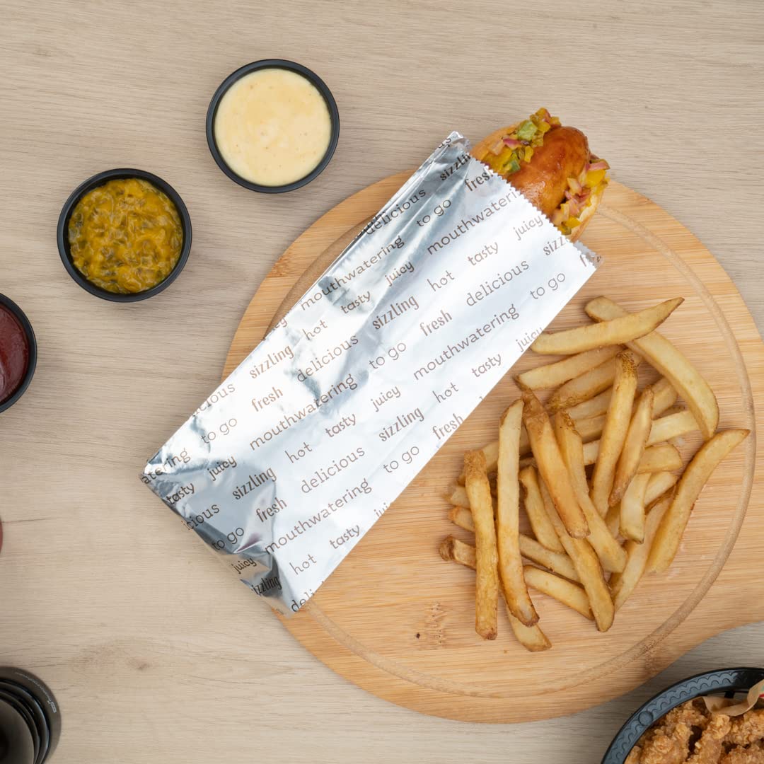 Restaurantware-Bag Tek 3.7 x 1.2 x 9.2 Inch Hot Dog Bags, 100 Small Hot Dog Wrappers - Greaseproof, Freezer-Safe, Printed Foil Accessories, Heat-Resistant, Non-Vented
