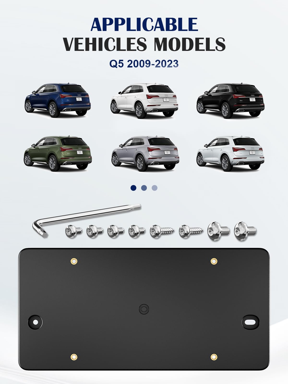 Rear License Plate Bracket For Audi Q3 Q4 e-tron Q4 Sportback e-tron Q5 Q5 Plug-in Hybrid Q5 Sportback SQ5 SQ5 Sportback Q6 e-tron SQ6 e-tron Q7 SQ7 Q8 SQ8 RS Q8 performance 2009-2025 Plate Holder Set