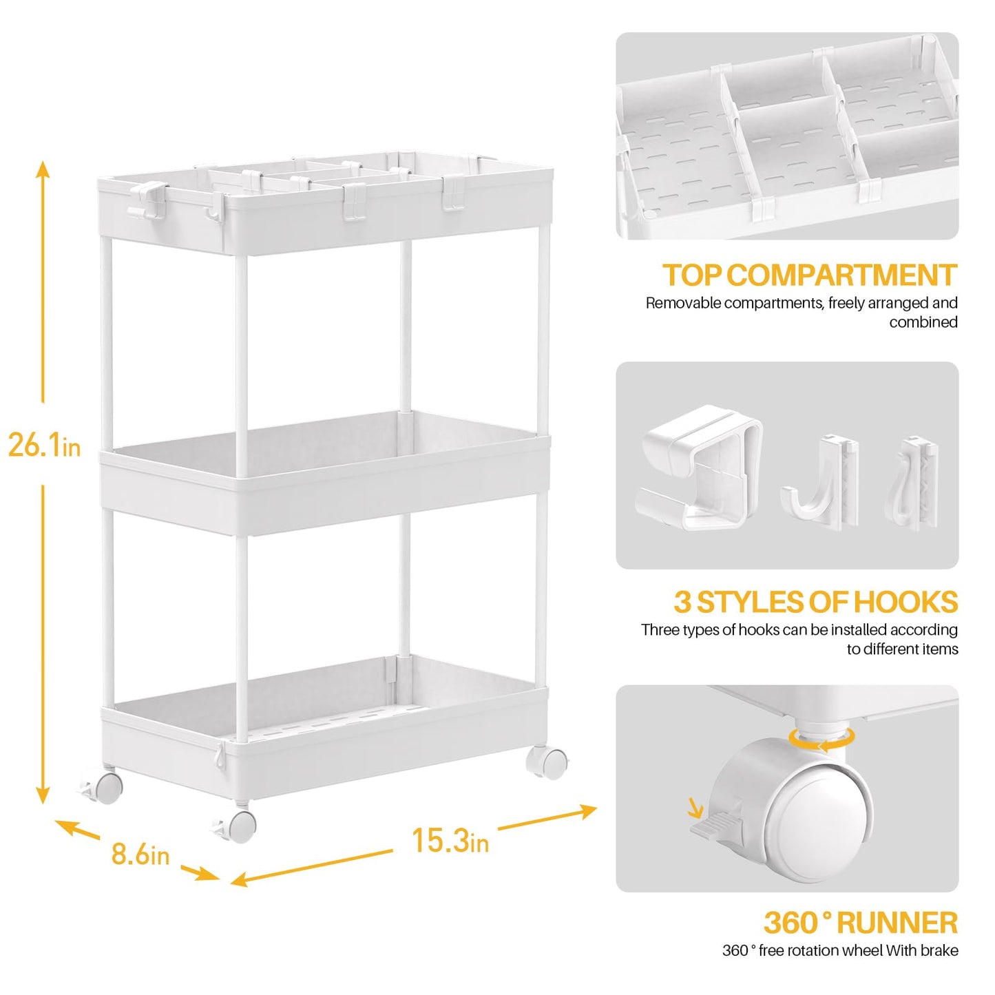 SPACELEAD 3 Tier Rolling Cart with Wheels, Storage Craft Art Cart Trolley Organizer Serving Cart, 3 Hanging Baskets Easy Assembly, for Office, Living Room, Kitchen, White