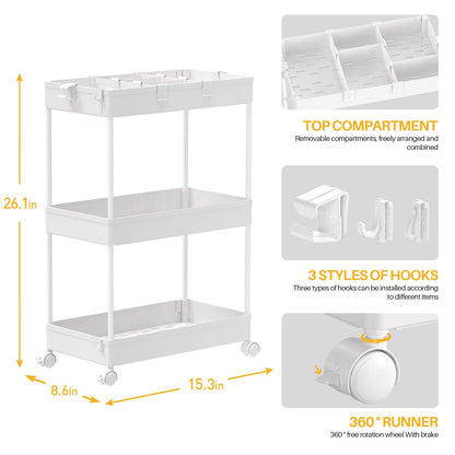 SPACELEAD 3 Tier Rolling Cart with Wheels, Storage Craft Art Cart Trolley Organizer Serving Cart, 3 Hanging Baskets Easy Assembly, for Office, Living Room, Kitchen, White