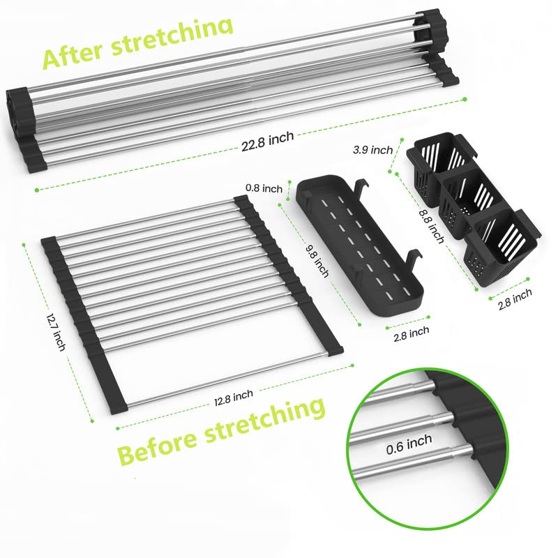 Black Expandable Roll Up Dish Drying Rack Up to 22.8''with 2 Storage Baskets,Over The Sink Kitchen Rolling up Dish Drainer Drying Rack , Foldable,Rollable,for Kitchen Dishes(Expandable Width Size)