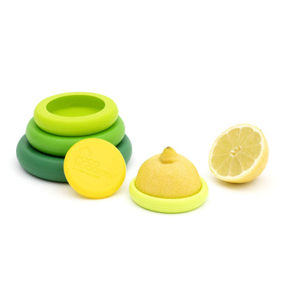 Food Huggers 5pc Reusable Silicone Food Savers | BPA Free & Dishwasher Safe | Fruit & Vegetable Produce Storage for Onion, Tomato, Lemon, Banana, Cans & More | 5 Pack Round, Fresh Greens