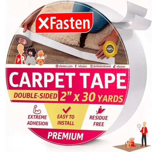 XFasten Double Sided Carpet Tape for Area Rugs 2 Inch x 30 Yards, Residue-Free Carpet Tiles Tape, Removable Heavy-Duty Rug Pad Gripper for Hardwood, Vinyl Flooring Underlayments, Laminate- Wood-Safe