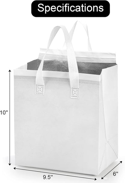 ZENFUN 25 Pack Insulated Take Away Bags Bulk, Small Insulated Cooler Bag Grocery Bag, White Thermal Bags for Hot&cold Frozen Food, Food Delivery, 9.5 x 6 x 10 Inches