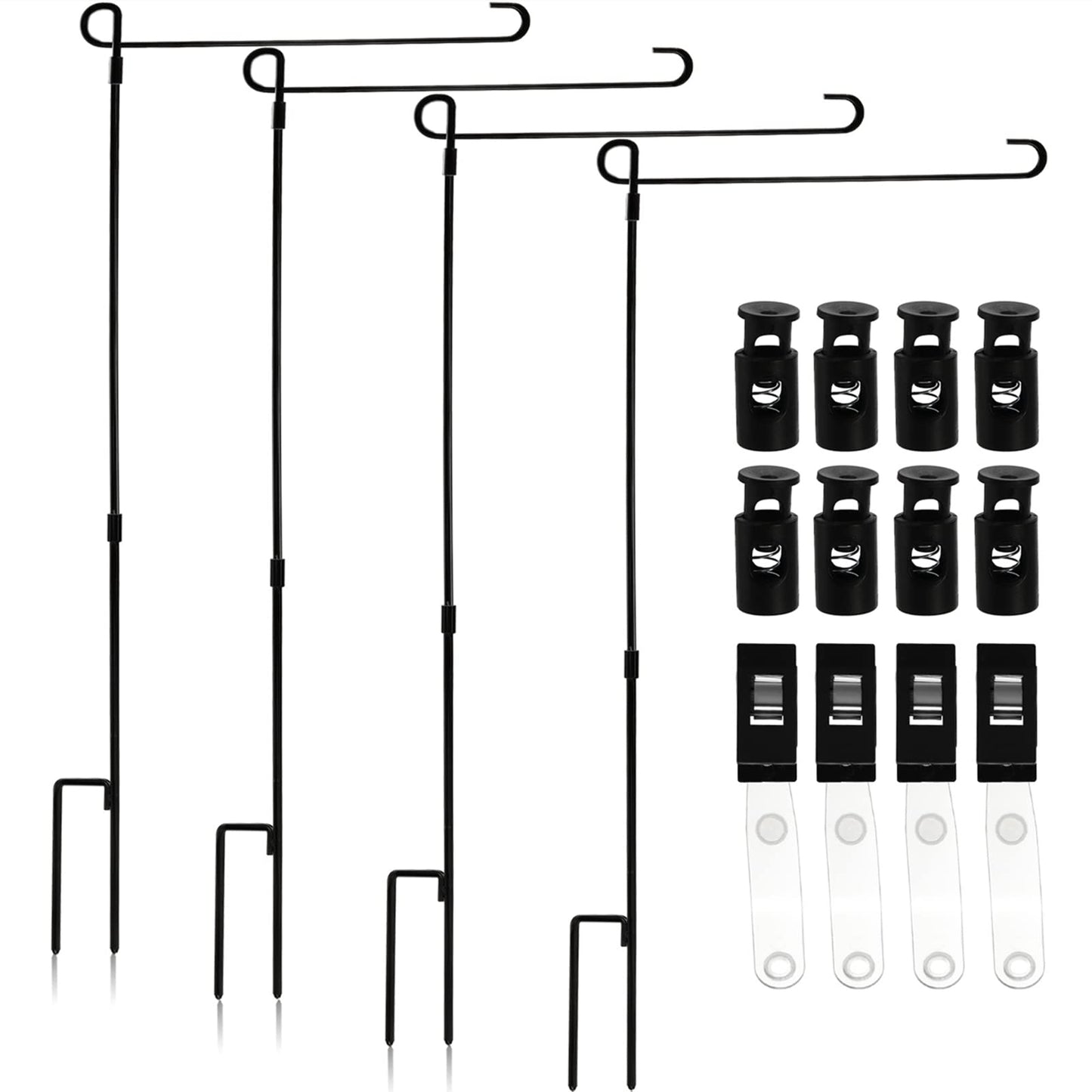 DEAYOU 4-Pack Garden Flag Stand, Yard Flag Holder for Outside, Weather-Proof Metal Lawn Flag Pole with Stoppers and Anti-Wind Clips for Banner, Outdoor, Home Decor, 35.5" H x 16.5" W