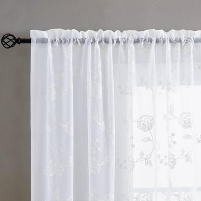 Sheer Curtains Floral Embroidery White 84 Inch Long Rod Pocket Lace Drapes for Living room, Bedroom, 2 Panels, 52"x84", Semi Voile Pattern Outdoor Window Treatment Sets for Yard, Patio, Villa, Parlor.