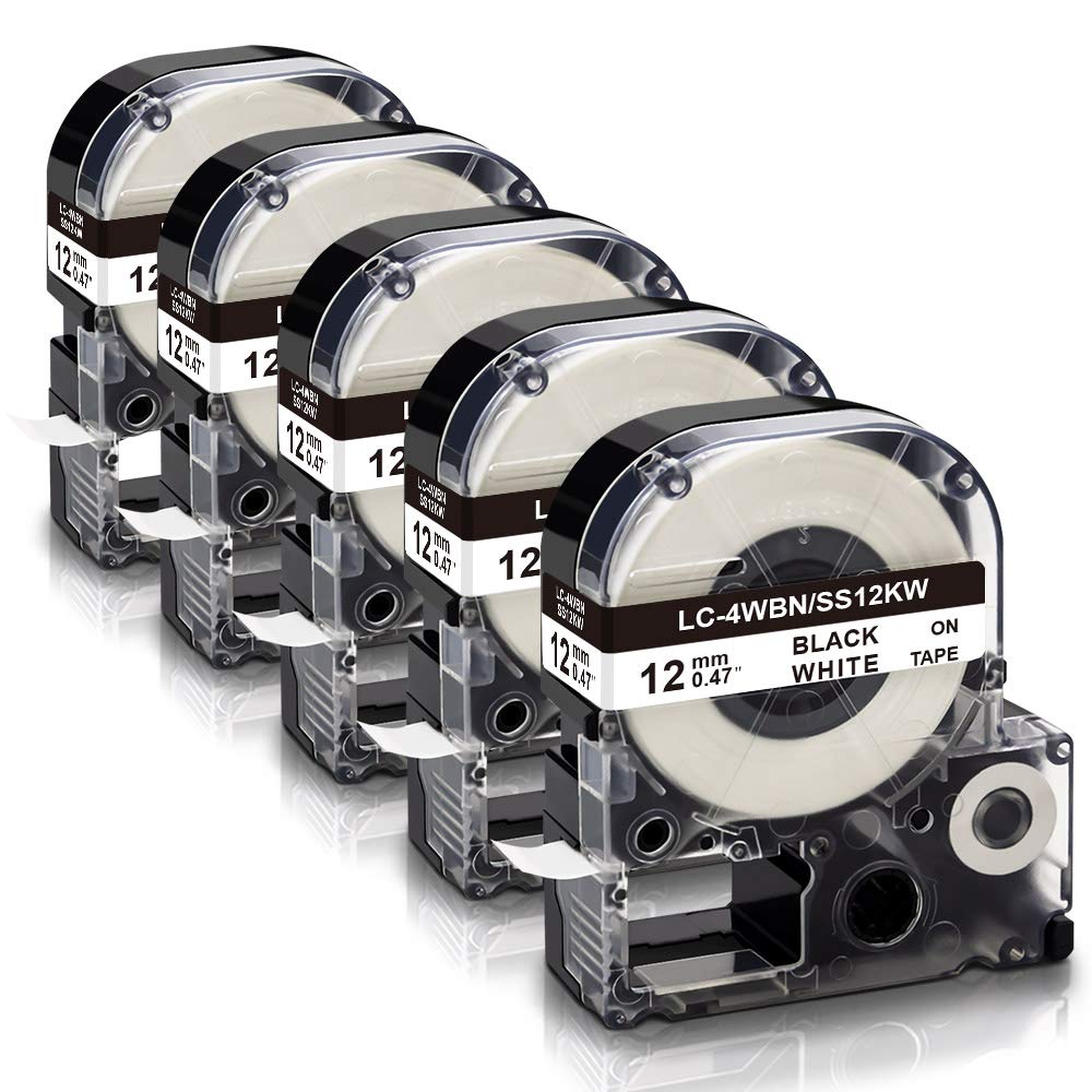 Absonic 5-Pack Compatible Label Tape Replacement for LK-4WBN LC-4WBN LC 4WBN9 SS12KW 12mm 0.47" Black on White Label Tape Work for Epson LabelWorks LW300 LW400 LW500 LW700 LWPX300 Label Maker