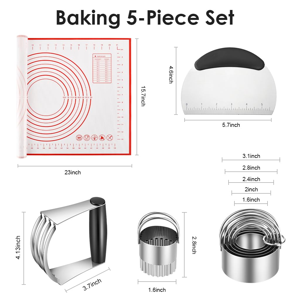 Silicone Baking Mats, Cookie Cutters, Pastry Cutter, Dough Scraper, Stainless Steel Dough Blender & Biscuit Cutter Set, Dough Cutter Baking Pastry Mat Dough Blender Tools (5 Pcs/Set)