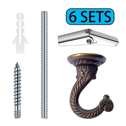 OBSTKUCHEN 6 Sets Large Swag Ceiling Hooks Heavy Duty Swag Hook with Hardware for Hanging Plants Ceiling Installation Cavity Wall Fixing (Antique Brass)